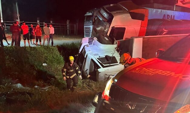 Motorista fica preso nas ferragens após batida entre caminhões em Morrinhos