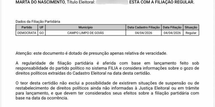 Certidão da Justiça Eleitoral confirma filiação de Graciele ao Democrata